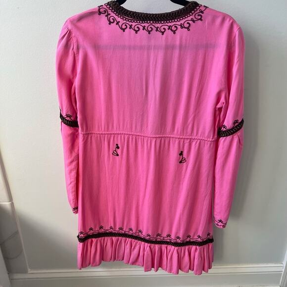 Moda International Embroidered Pink Long Sleeve Dress with Brown Trim Size M - Picture 2 of 15